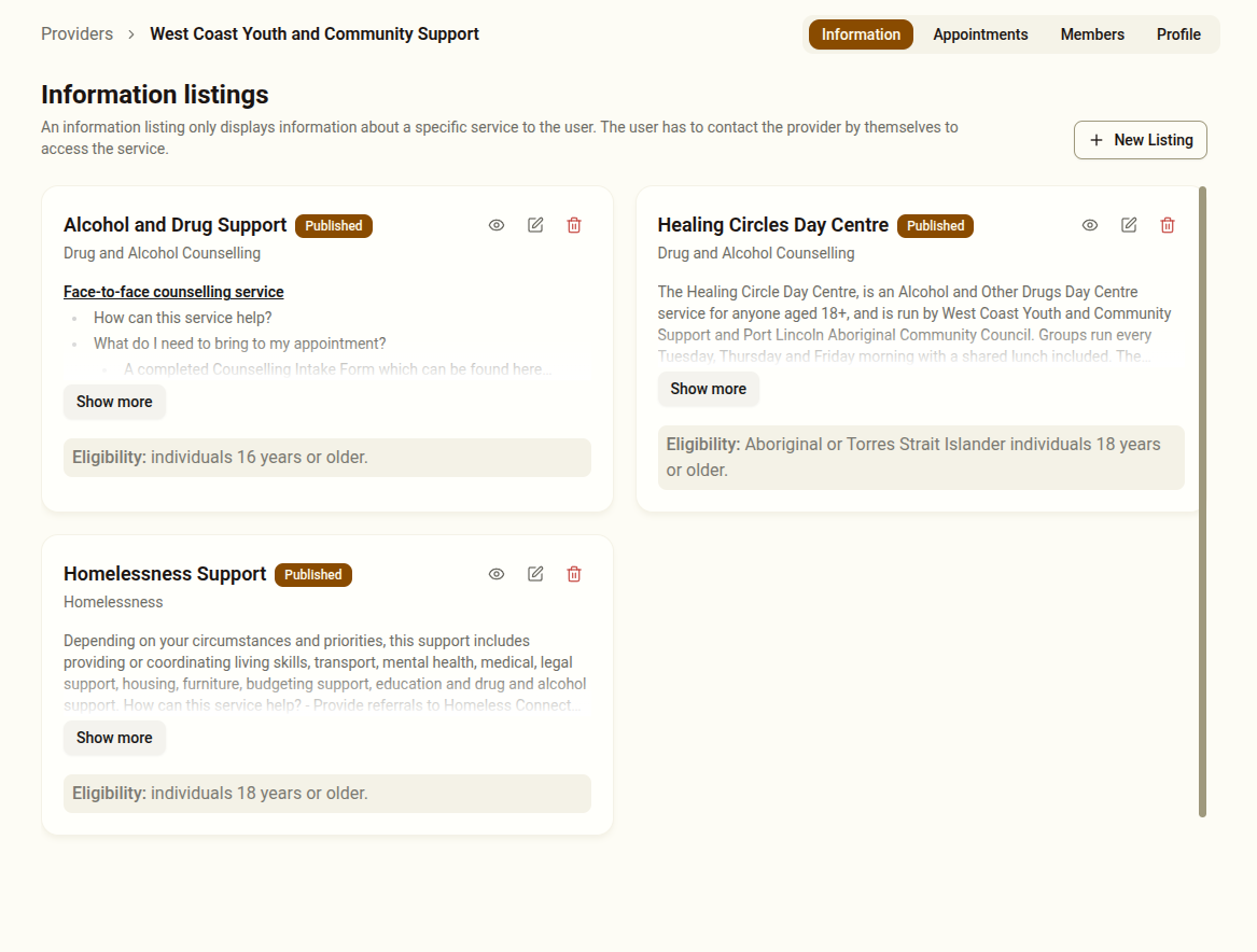 Provider detail view showing the Information Listings tab