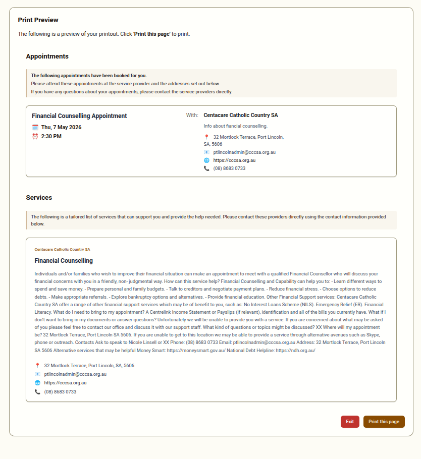 The print page showing selected appointments and contact listings