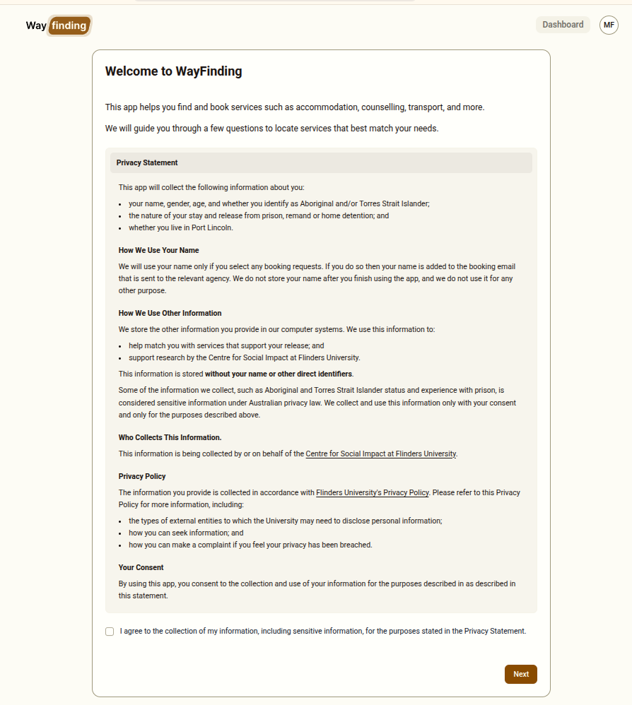 Prison interface – Step 1 welcome screen