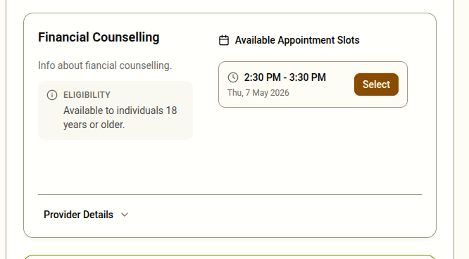A booking listing card with appointment slots