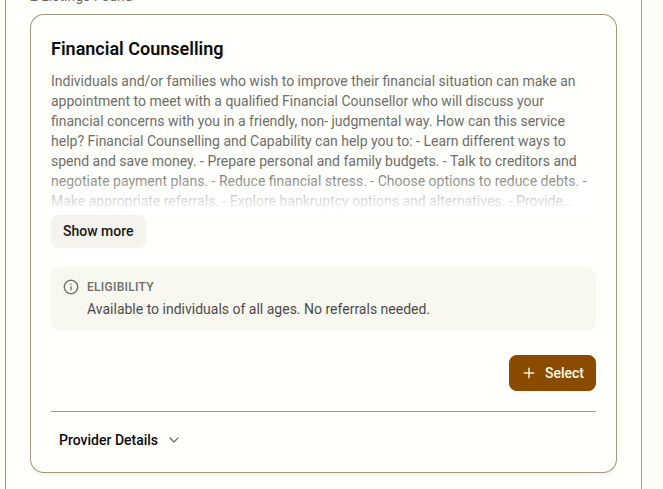 An information listing card