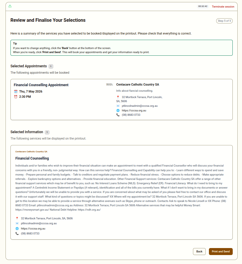 Step 5 – Review screen showing selected appointments and information listings